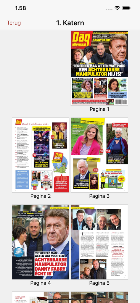 Interface da app Dag Allemaal mostrando uma vista em grelha de páginas e artigos da revista digital.