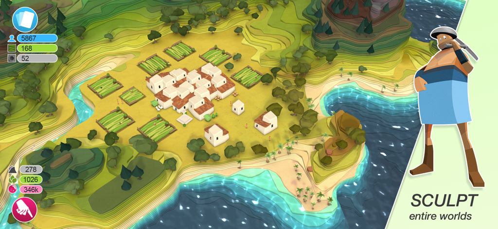 Godus - Vue aérienne d'un village low poly avec des collines verdoyantes sculptées et des parcelles agricoles à Godus