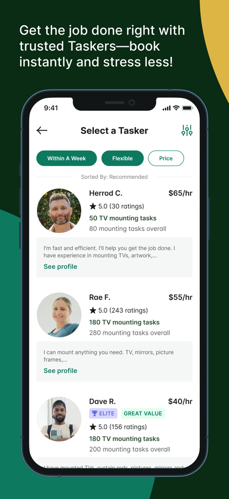 Taskrabbit - Handyman & more - Taskrabbit app interface showing a list of rated taskers for TV mounting services with prices and reviews.