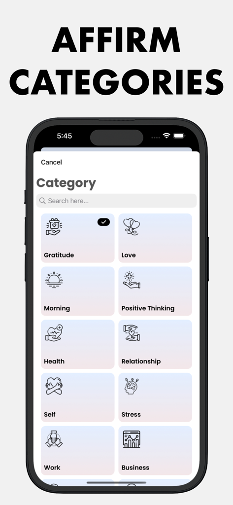 Manifest Affirmations : I Feel - Captura de pantalla de categorías de afirmaciones en la aplicación Manifest Affirmations, incluyendo Gratitud, Amor y Mañana