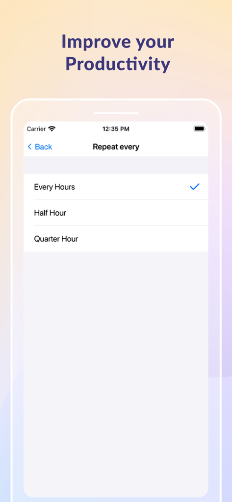 Hourly Chime app screen showing options to repeat notifications every hour, half hour, or quarter hour