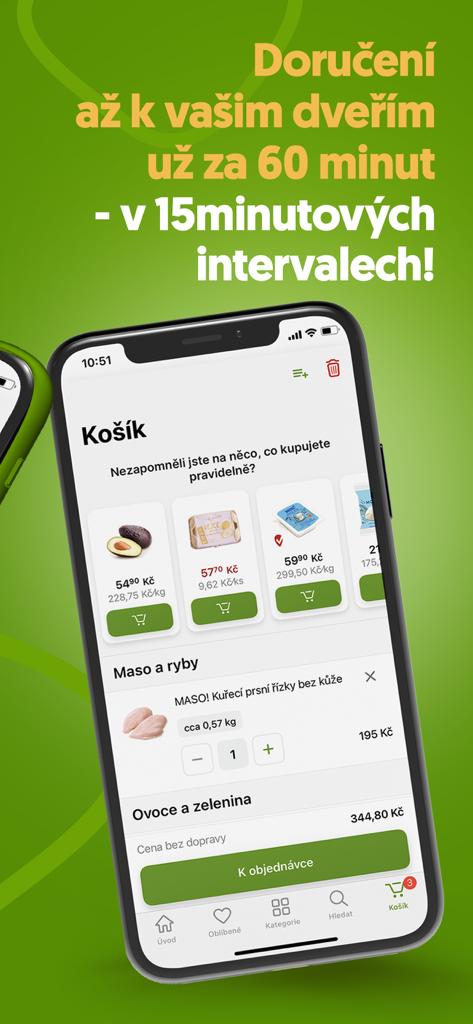 Rohlik app shopping cart showing grocery items and a fast delivery promise