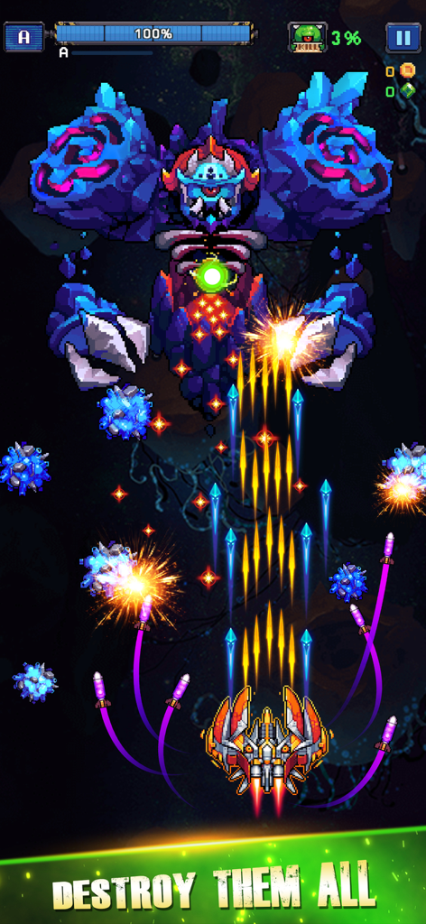 Retro pixel art gameplay showing a player ship firing lasers and missiles at a giant crystal space boss.