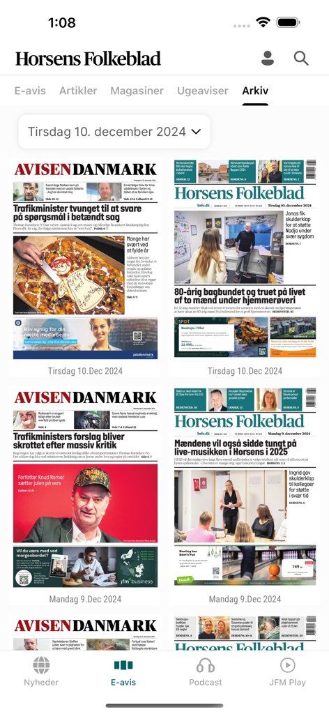 Digital archive section of the Horsens Folkeblad app featuring daily newspaper editions