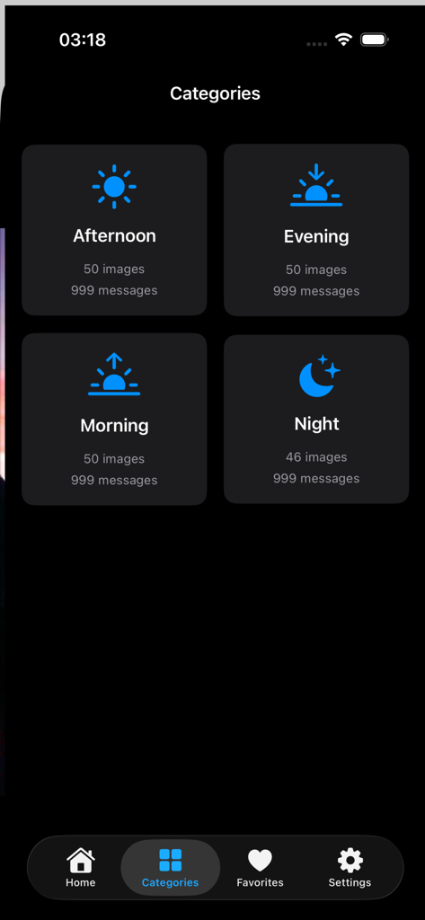 Good Morning Night Afternoon - Menú de categorías de la aplicación Buenos Días que muestra opciones para saludos de mañana, tarde, noche y madrugada.