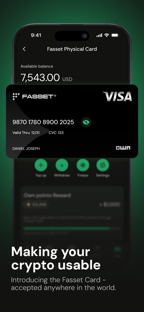 Fasset: Global Digital Bank - Eine schwarze Fasset Physical Visa-Karte wird auf einem Smartphone-Bildschirm angezeigt, mit dem Text "Ihre Krypto nutzbar machen"