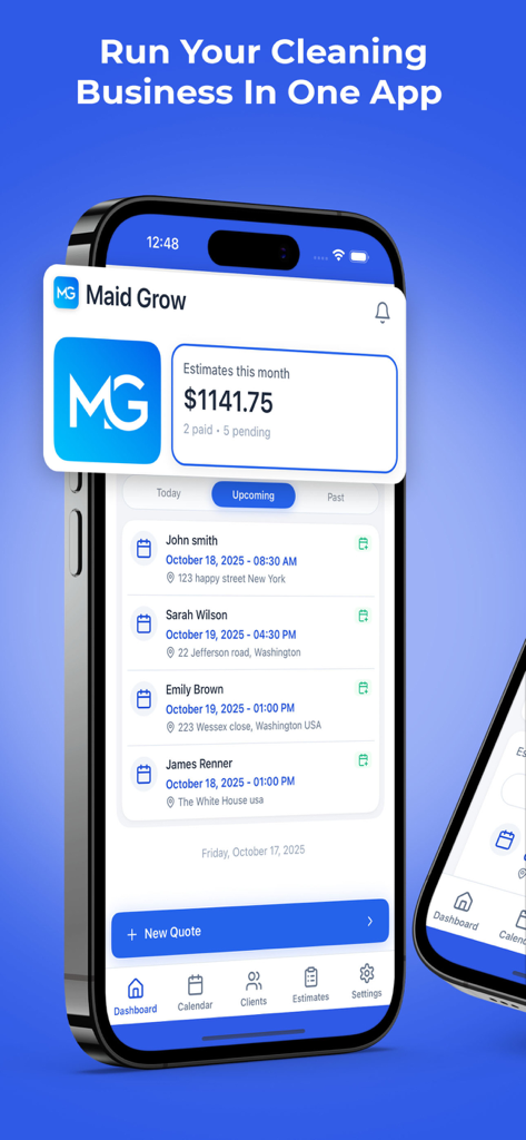 MaidGrow mobile app dashboard showing monthly revenue estimates and a schedule of upcoming cleaning jobs.