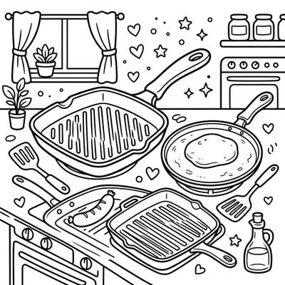 Dive into a delicious kitchen adventure with this engaging coloring page for kids! Featuring various grill pans and griddles, it's perfect for budding chefs to explore cooking tools and unleash their creativity.