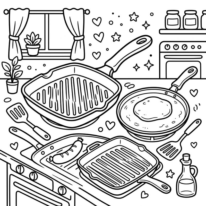 Dive into a delicious kitchen adventure with this engaging coloring page for kids! Featuring various grill pans and griddles, it's perfect for budding chefs to explore cooking tools and unleash their creativity.