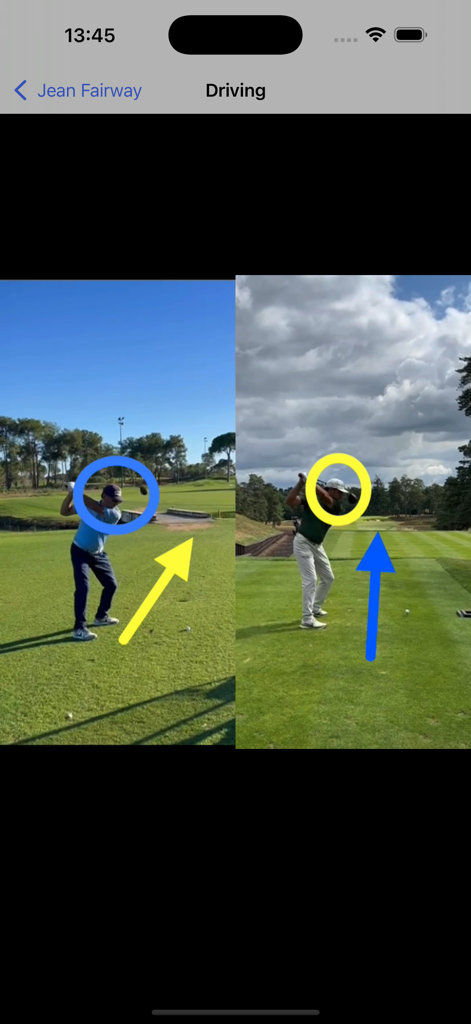 Side by side comparison of two golf swings with visual annotations and analysis in the Swing 360 app