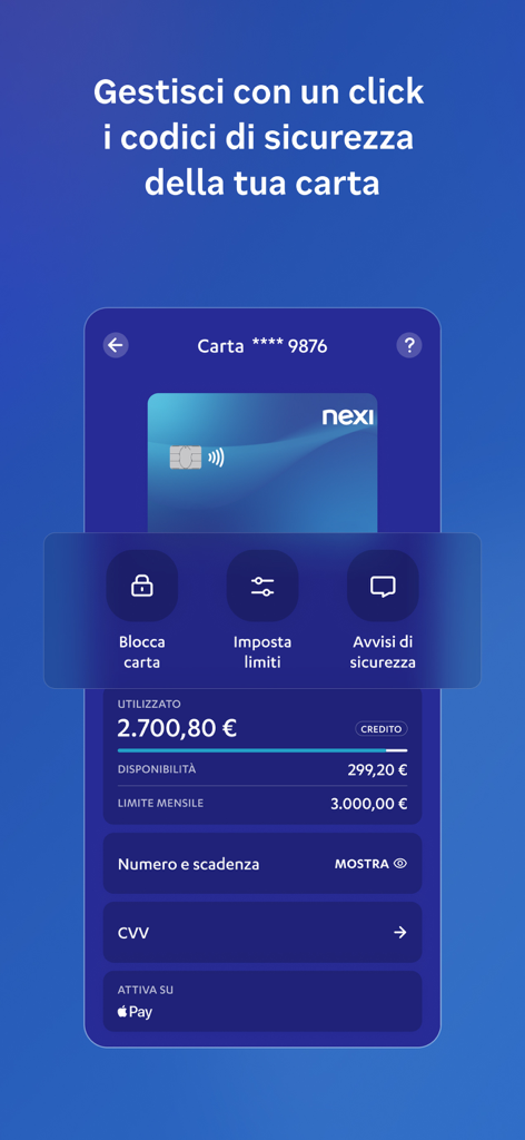 Nexi Pay mobile app screen showing card security settings including blocking features and spending limits