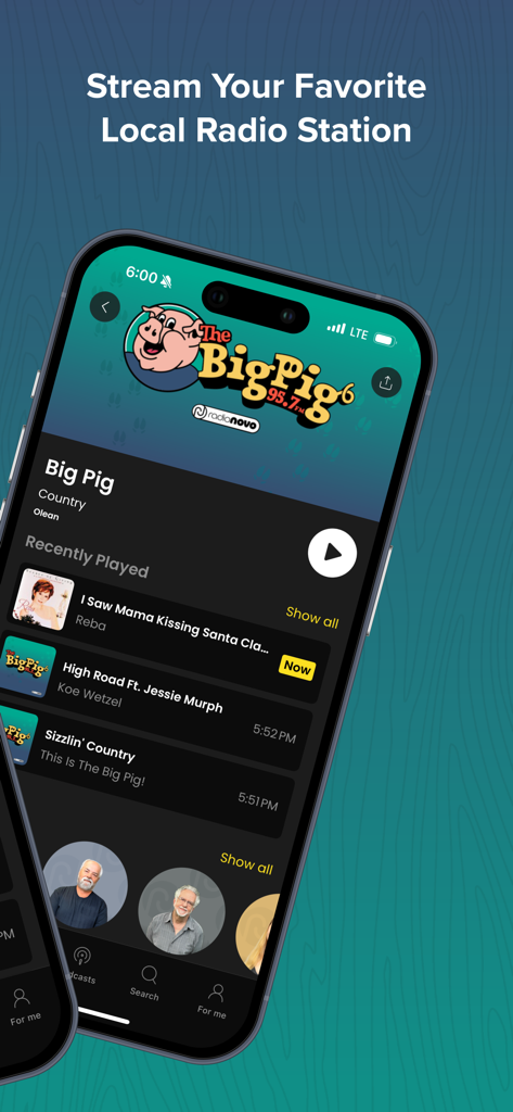 Smartphone screen showing The Big Pig radio app interface with local country music streaming