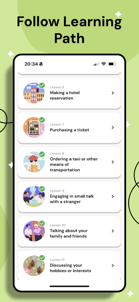 A smartphone screen showing a structured language learning path with practical conversational lessons in the MakesYouFluent app.