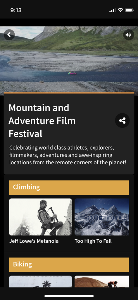 Mountain and Adventure Film Festival screen in the Film Festival Flix app showing curated climbing and biking films