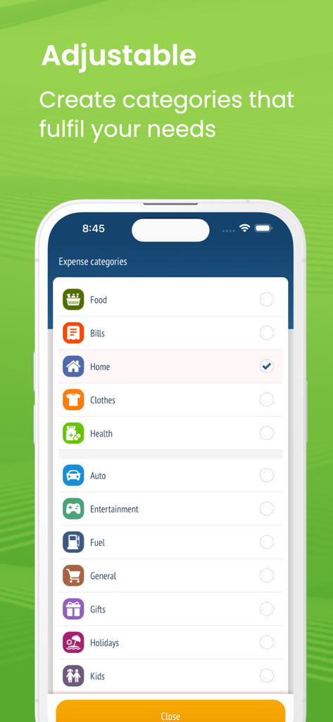 Spending Tracker and Manager - A list of customizable expense categories in the Spending Tracker and Manager app including food bills and home