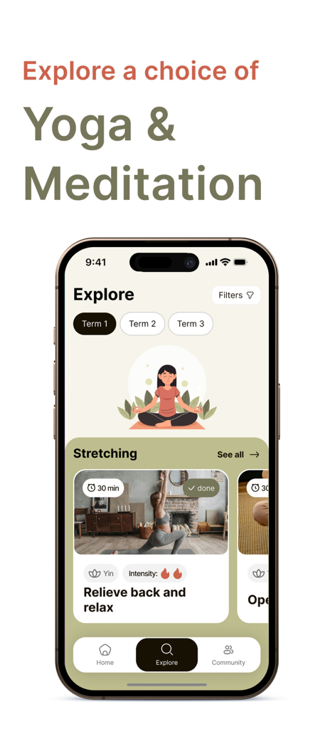 Schermata Esplora dell'app Eve che mostra corsi di yoga prenatale e meditazione per ogni trimestre.