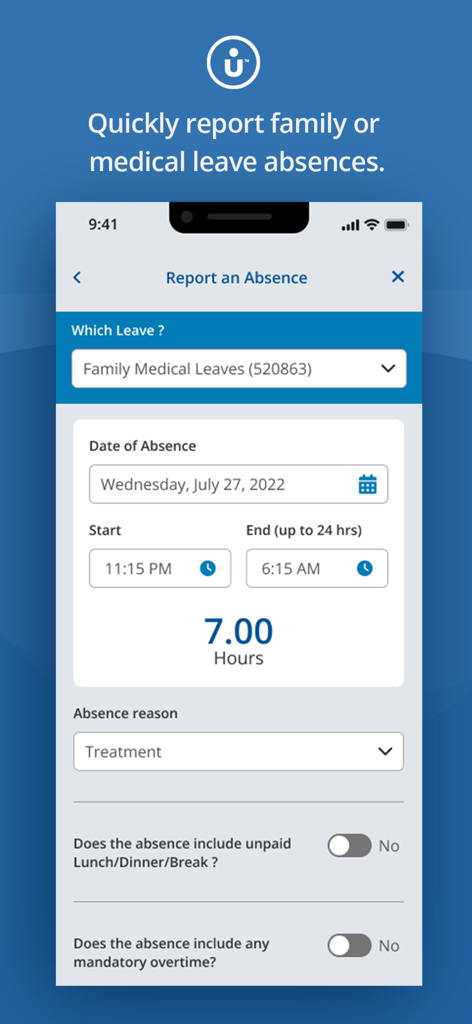 MyUnum for Members - A mobile screen from the MyUnum app for reporting family or medical leave absences