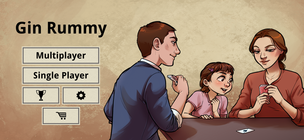 Menu principale del gioco JJPlay Gin Rummy con opzioni multigiocatore e giocatore singolo.