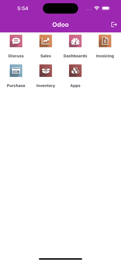 Panel principal de la aplicación Cliente ERP Móvil mostrando módulos de Odoo para ventas, inventario y facturación