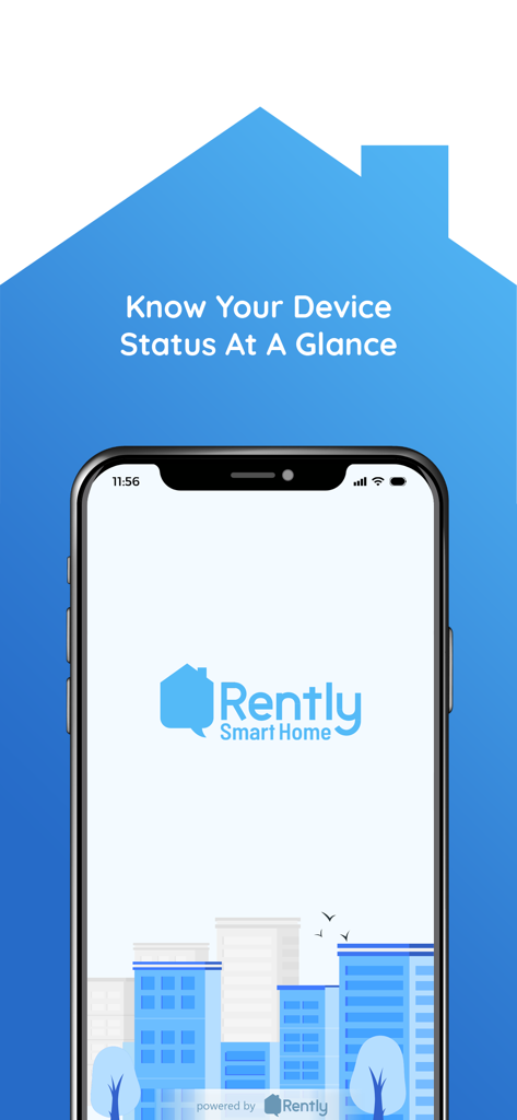 Rently Smart Home - Rently Smart Home app splash screen showing the brand logo on a smartphone and the text Know Your Device Status At A Glance