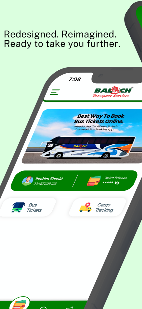 Baloch Transport - Baloch Transport mobile app screen for luxury bus ticket booking and cargo tracking