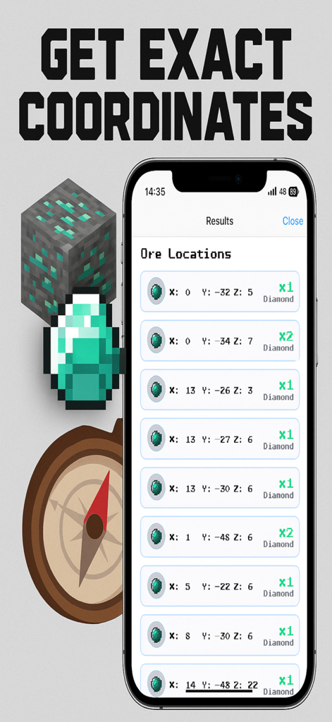 Diamond Finder Minecraft X-Ray - A mobile screen showing a list of exact X Y Z coordinates for diamond ore locations in Minecraft