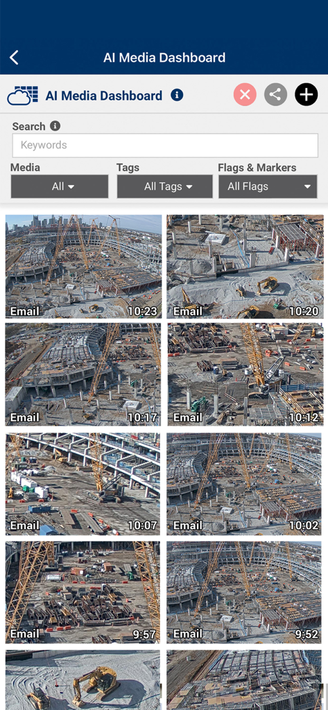 EarthCam - AI Media Dashboard in EarthCam app showing a grid of construction site progress photos with timestamps