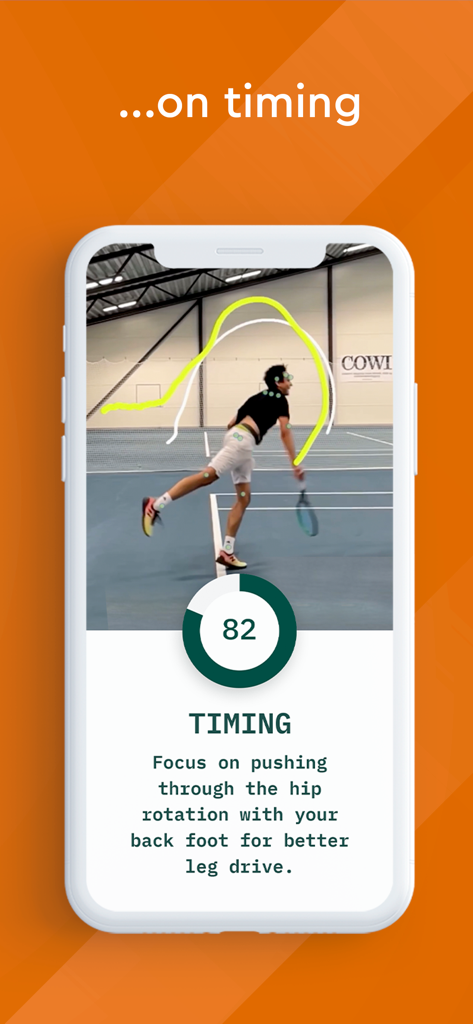 sevensix – Tennis AI Coach - A mobile app screen showing AI analysis of a tennis player's swing timing with a performance score and personalized coaching feedback.