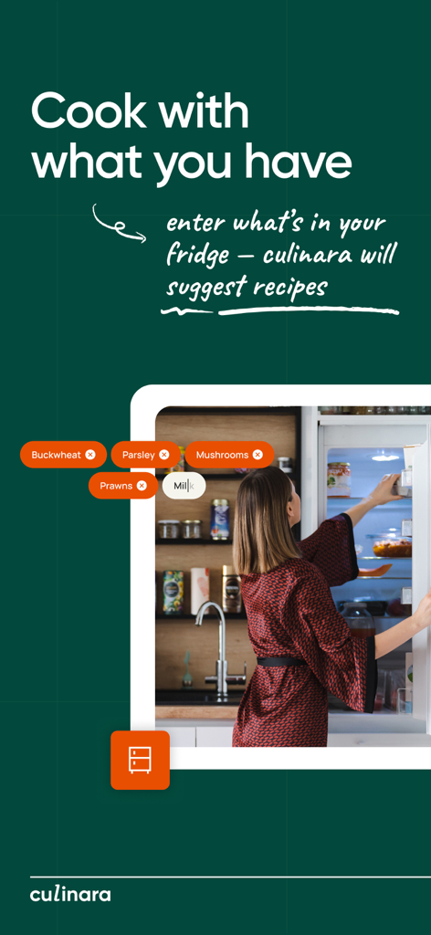 Culinara app screen showing recipe suggestions based on ingredients entered from the fridge