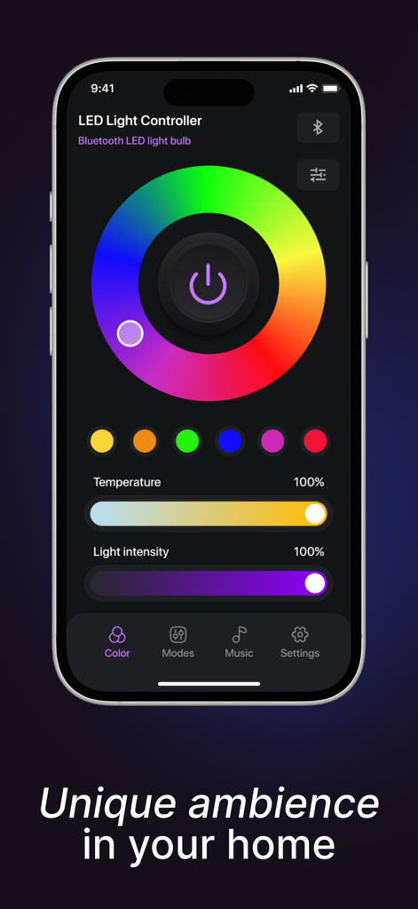 iOS app interface for LED light control showing a color wheel and temperature sliders