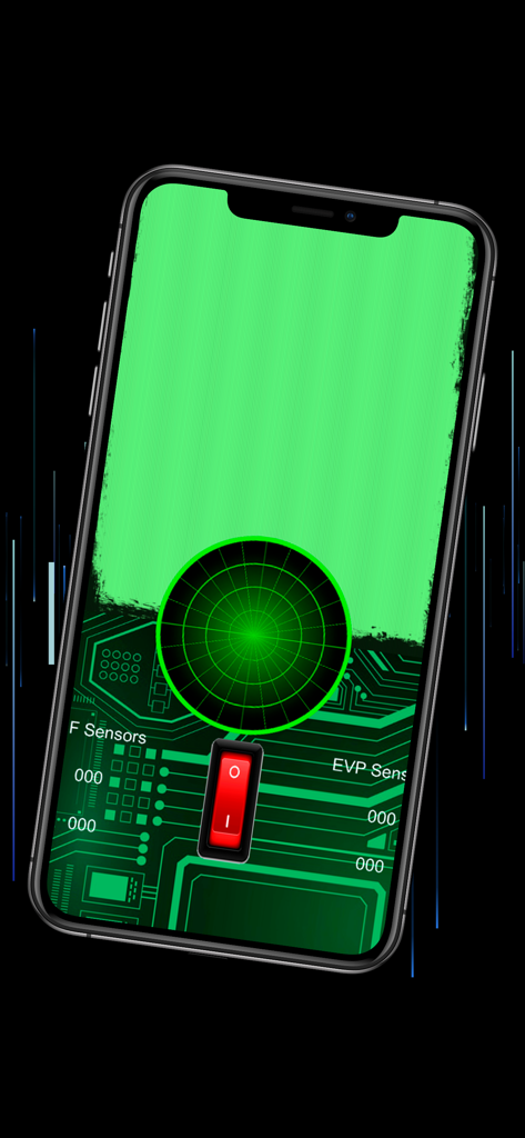 Ghost detector spirit hunter - Smartphone displaying a ghost detector app interface with a circular green radar and night vision screen
