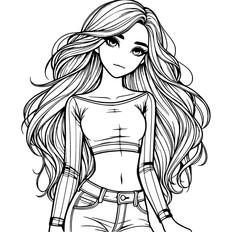 realistic girl with long hair long sleeve crop top