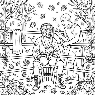 Step into the boxing ring this fall with our unique coloring page featuring a boxer and coach in their corner. Surrounded by autumn leaves and pumpkins, this scene offers a blend of intense sport and cozy seasonal charm.
