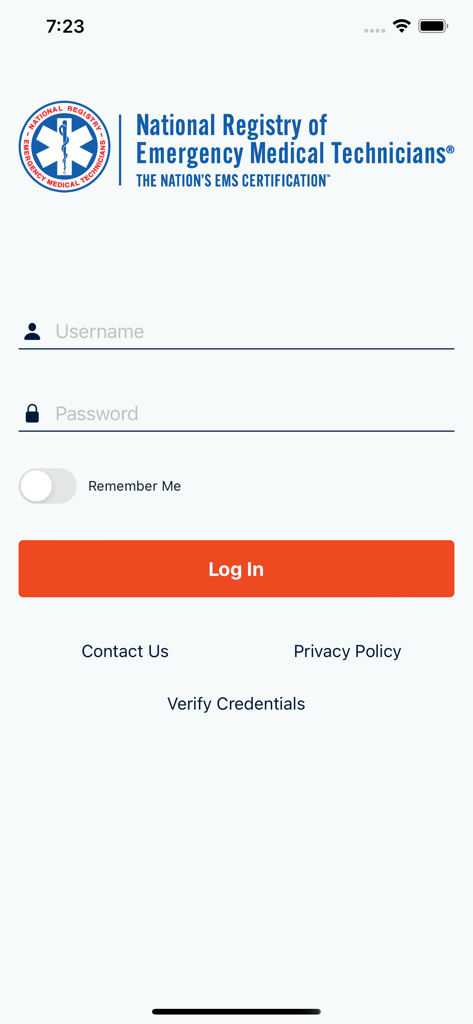 Login screen for the NREMT mobile app featuring username and password fields and a log in button