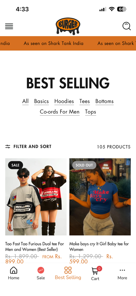 Burger Bae - Burger Bae mobile app displaying best selling trendy graphic t shirts and streetwear collections