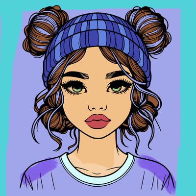 realistic girl with buns in her hair with a beanie on