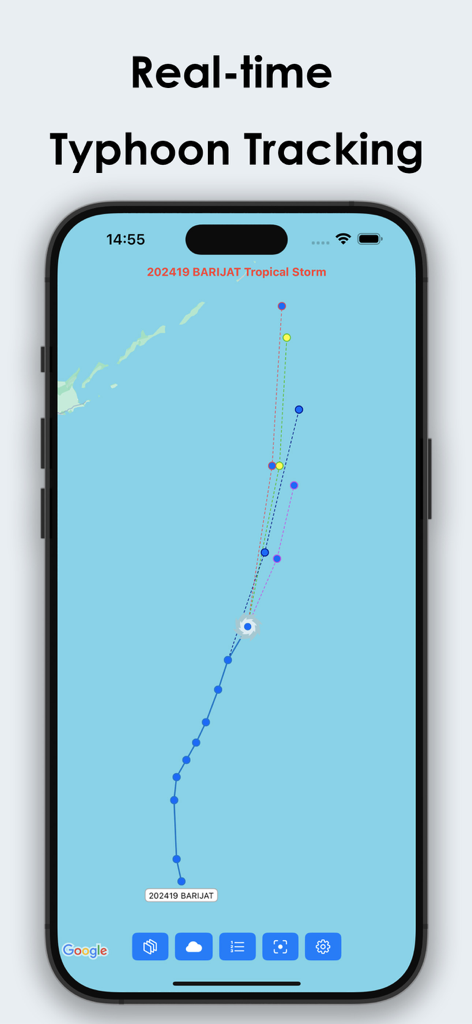 Typhoon Tracker - Real-time - Mobile app interface showing real time typhoon tracking and storm path forecast on a map