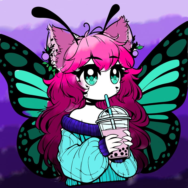 a realistic butterfly/furry girl drinking boba