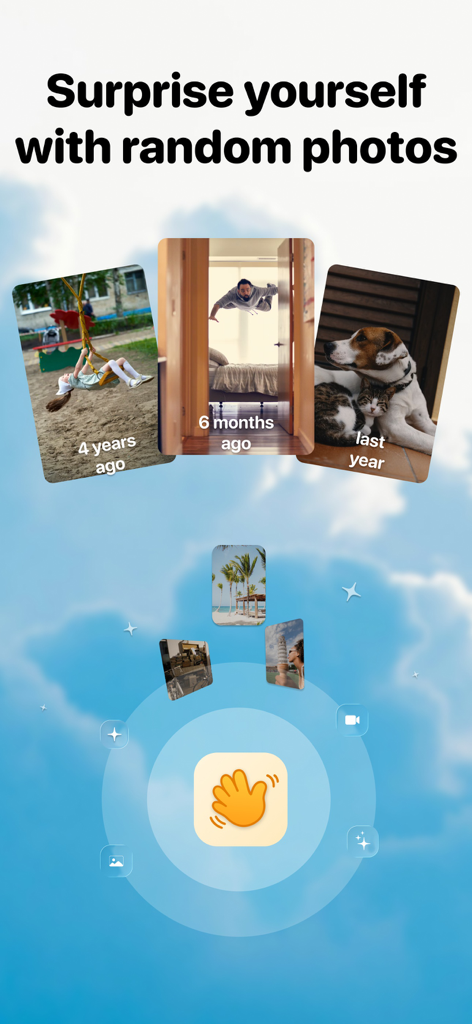 사용자가 저장 공간을 재발견하고 정리하는 데 도움이 되도록 지난 해의 무작위 오래된 사진을 보여주는 ByePhotos 앱 화면