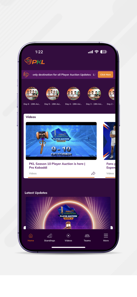 Pro Kabaddi Official App - Home screen of the Pro Kabaddi Official App featuring player auction updates and video highlights