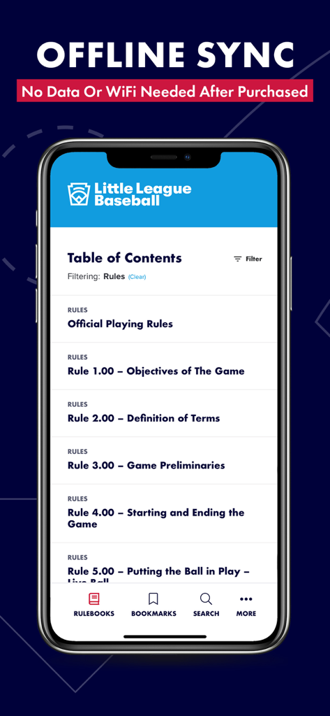 Little League Rulebook - Screenshot of the Little League Rulebook app showing the table of contents and highlighting the offline sync feature.