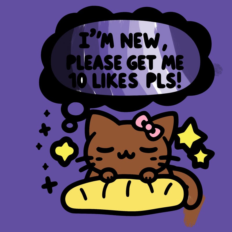kitty taking a nap dream talking and saying "i'm new, please get me at least 10 likes pls!!"