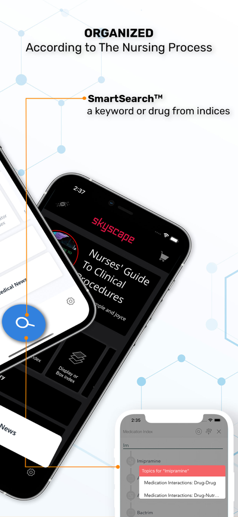 Nurse Guide Clinical Procedure app interface showing SmartSearch functionality and nursing process organization