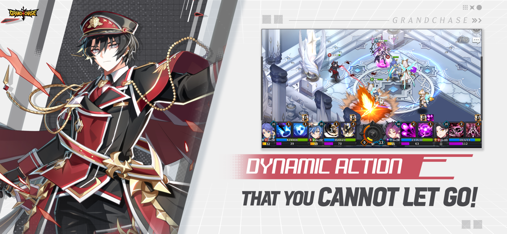 GrandChase - An anime character in a black and red uniform next to a tactical gameplay screen of GrandChase mobile RPG.