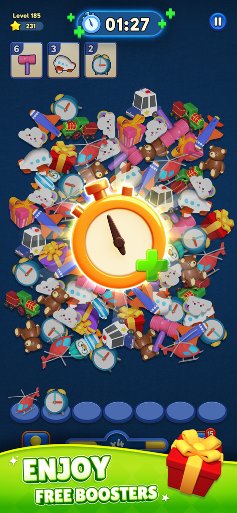 Match Tile Triple 3D - Match Tile Triple 3D gameplay showing colorful 3D objects and a time booster icon.