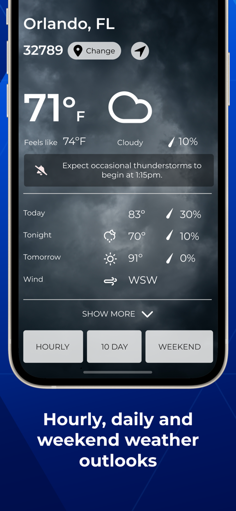 WESH 2 News Orlando app interface displaying local weather forecasts and thunderstorm alerts