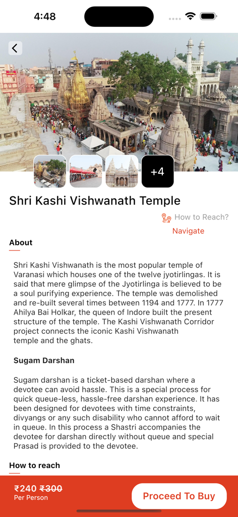 Kashi Darshan - Details page for Shri Kashi Vishwanath Temple in the Kashi Darshan mobile app, showing temple history, Sugam Darshan ticket information, and a buy button.