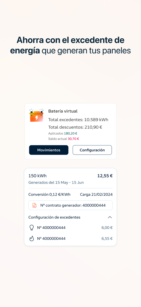 Repsol Vivit - Interfaz de la aplicación móvil Repsol Vivit que muestra la gestión de la batería virtual y los ahorros del excedente de energía de los paneles solares.