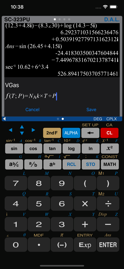 Calculator SC-323PU - Scientific calculator interface with complex mathematical expressions and a custom formula editor