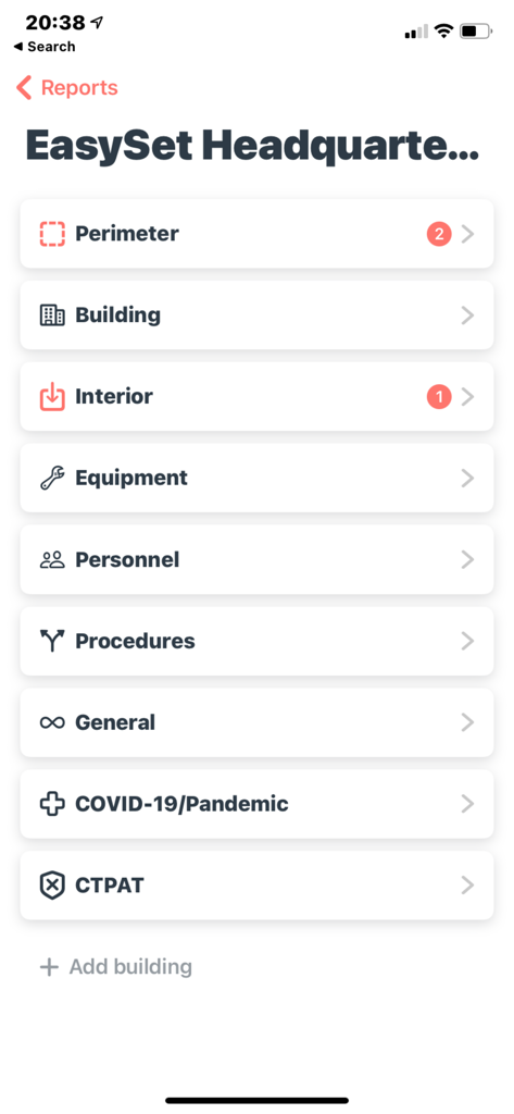 EasySet - Security Templates - EasySet app dashboard showing physical security assessment categories including perimeter building and equipment